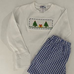 Boys - Smocked Giraffe Royal Blue Gingham Smocked Christmas Tree set. Size 3